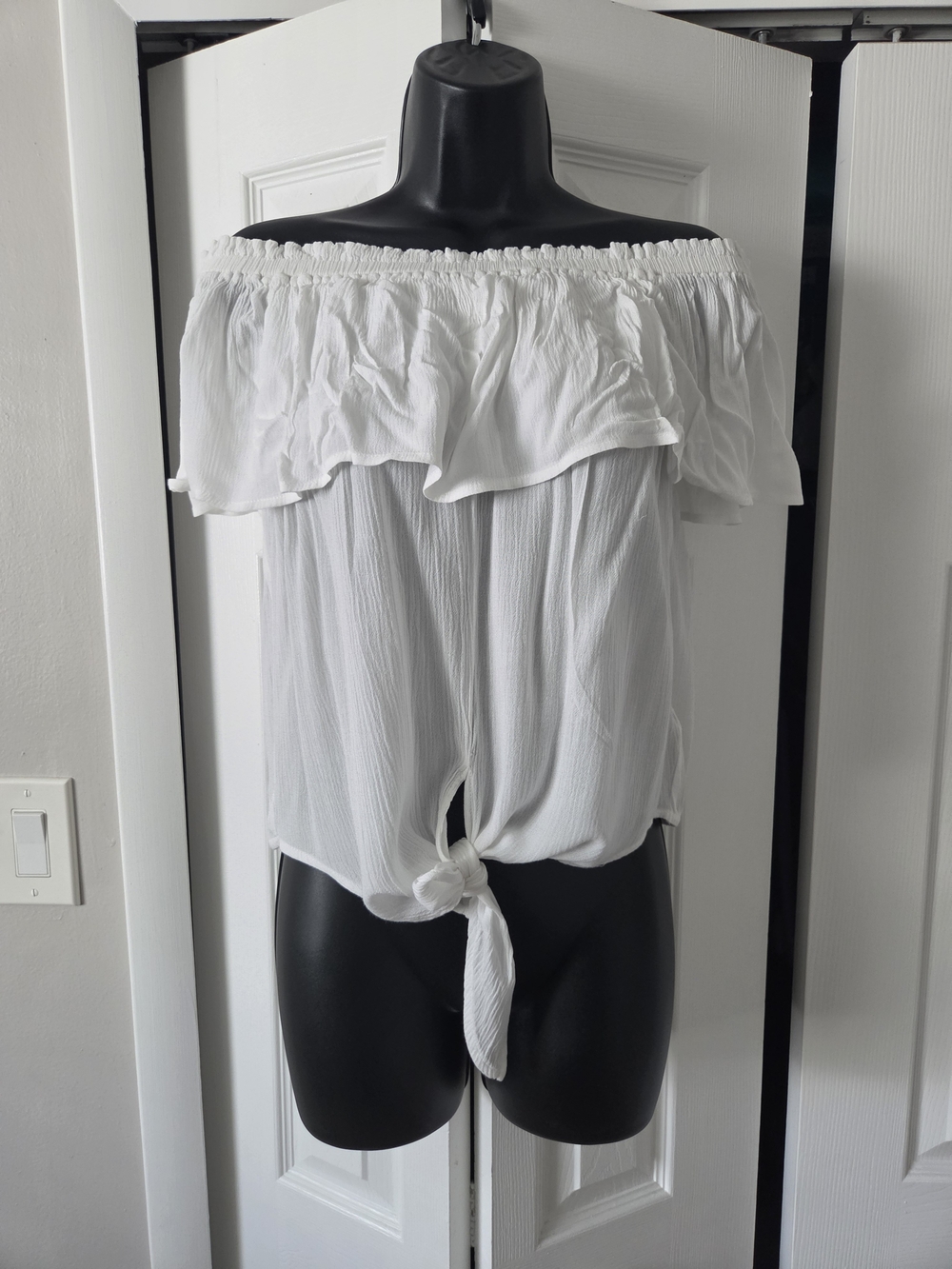 Express White Off-Shoulder Ruffle Tie-Front Top